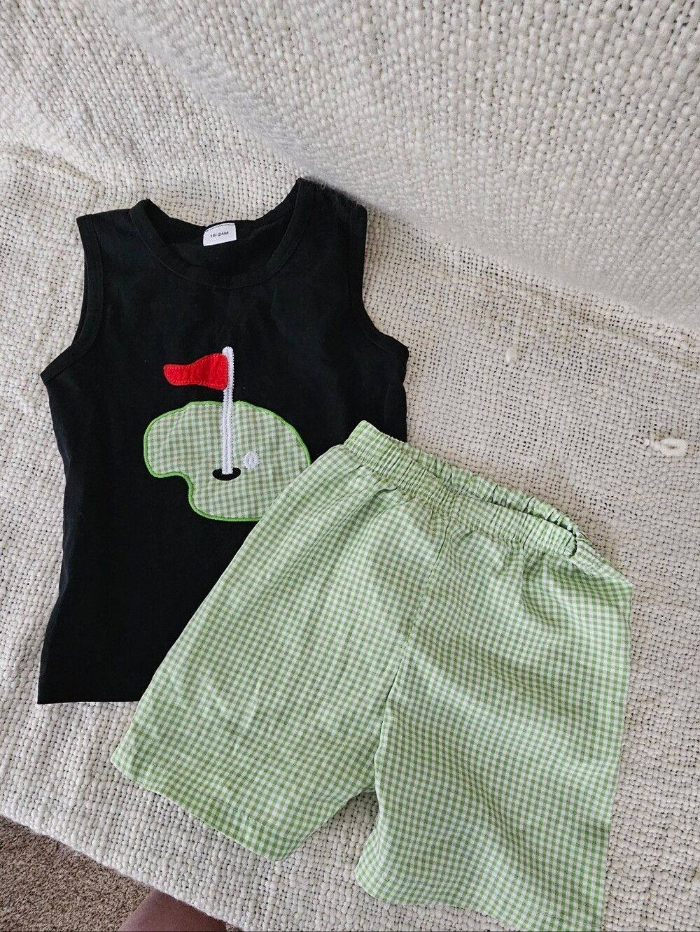 Boutique Black Golf Applique Tank with Green Gingham Shorts